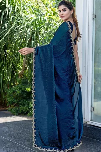 teal woven design beads and stones satin saree