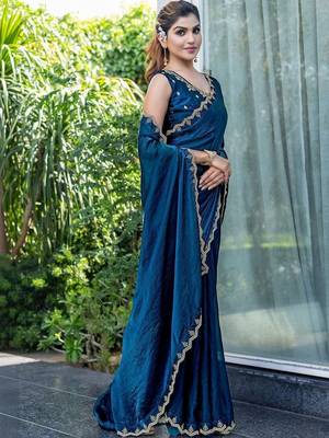teal woven design beads and stones satin saree 3