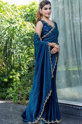 teal woven design beads and stones satin saree