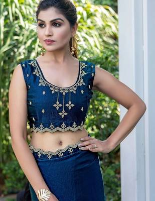 teal woven design beads and stones satin saree 5