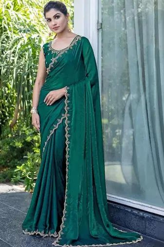 green woven design beads and stones satin saree