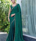 green woven design beads and stones satin saree