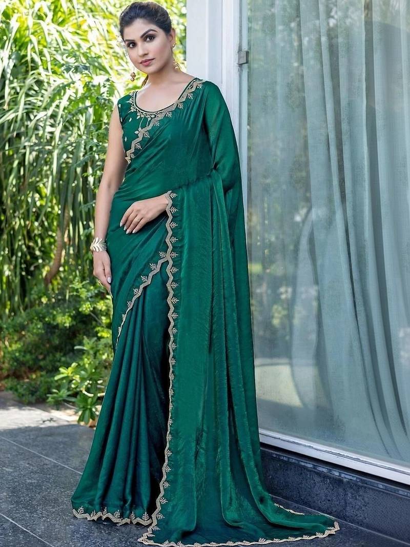 green woven design beads and stones satin saree