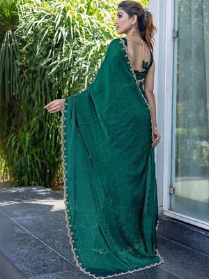 green woven design beads and stones satin saree 2