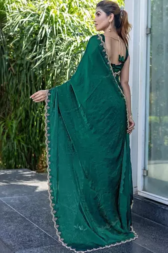 green woven design beads and stones satin saree