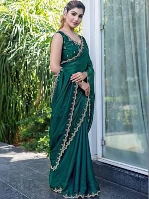 green woven design beads and stones satin saree 3