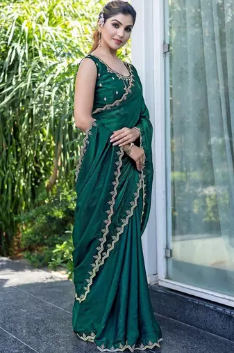 green woven design beads and stones satin saree
