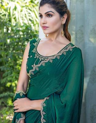green woven design beads and stones satin saree 4