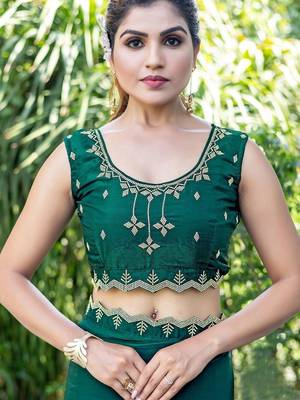 green woven design beads and stones satin saree 5