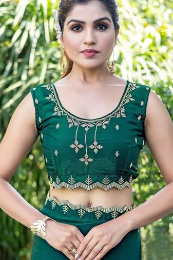 green woven design beads and stones satin saree