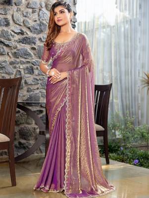 violet woven design embroidered satin saree 1