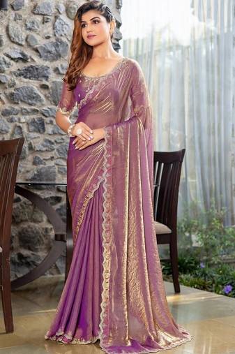 violet woven design embroidered satin saree