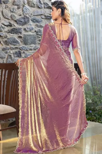 violet woven design embroidered satin saree