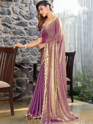 violet woven design embroidered satin saree 3