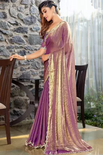 violet woven design embroidered satin saree