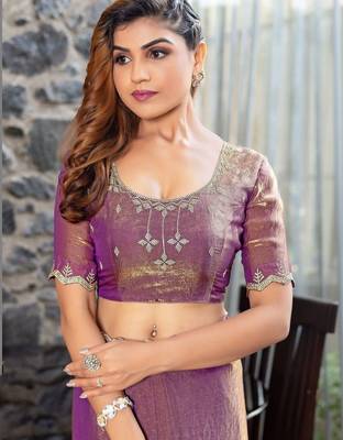 violet woven design embroidered satin saree 5