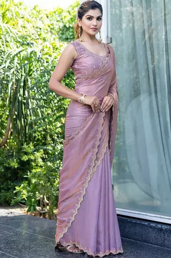 lavender embroidered satin saree