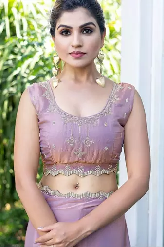 lavender embroidered satin saree