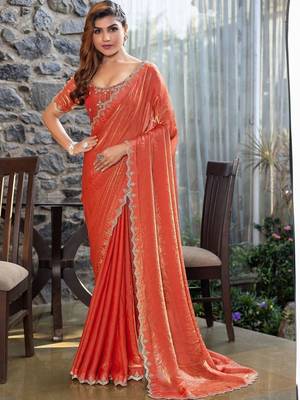 rust woven design embroidered satin saree 1