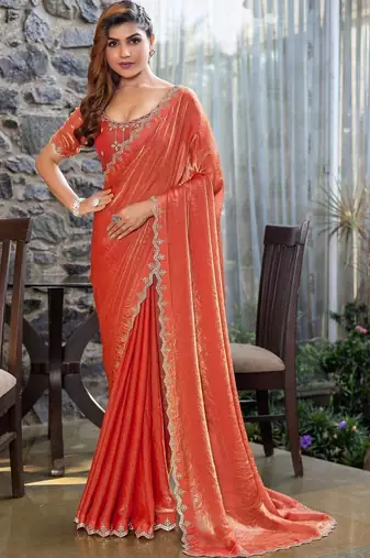 rust woven design embroidered satin saree