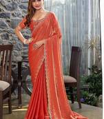 rust woven design embroidered satin saree