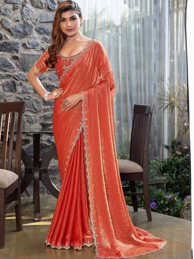 rust woven design embroidered satin saree