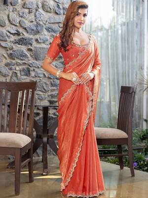 rust woven design embroidered satin saree 3