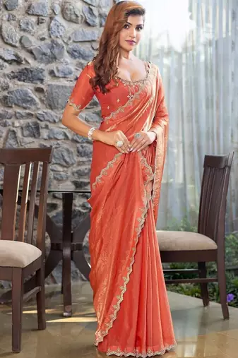 rust woven design embroidered satin saree