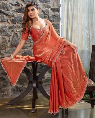rust woven design embroidered satin saree 4