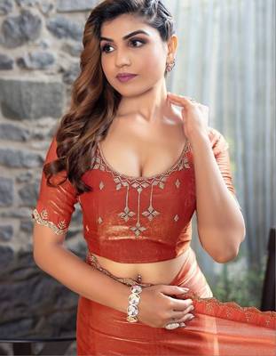 rust woven design embroidered satin saree 5