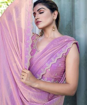 lavender woven design embroidered satin saree 4