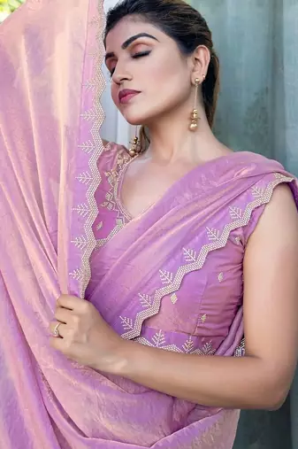lavender woven design embroidered satin saree