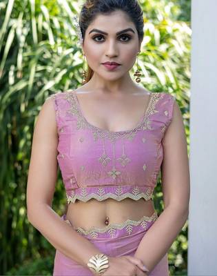 lavender woven design embroidered satin saree 5