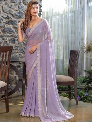 lavender woven design beads and stones satin saree 1