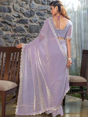 lavender woven design beads and stones satin saree 2