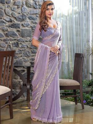lavender woven design beads and stones satin saree 3