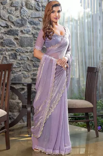 lavender woven design beads and stones satin saree