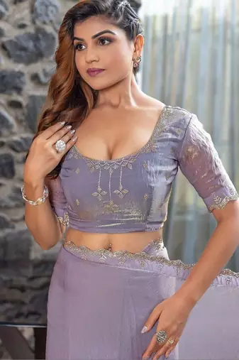 lavender woven design beads and stones satin saree