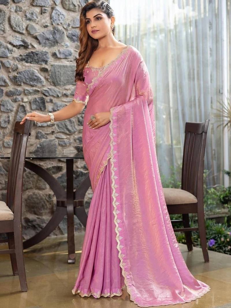 lavender woven design beads and stones satin saree