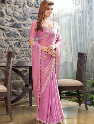 lavender woven design beads and stones satin saree 3