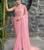 pink woven design beads and stones satin saree