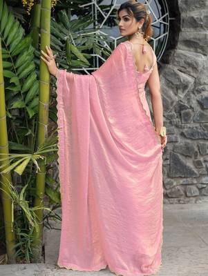 pink woven design beads and stones satin saree 2