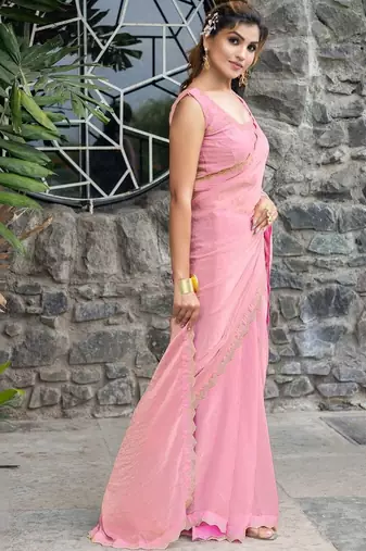 pink woven design beads and stones satin saree