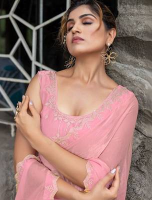 pink woven design beads and stones satin saree 4