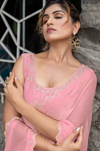 pink woven design beads and stones satin saree