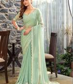 sea_green woven design beads and stones satin saree