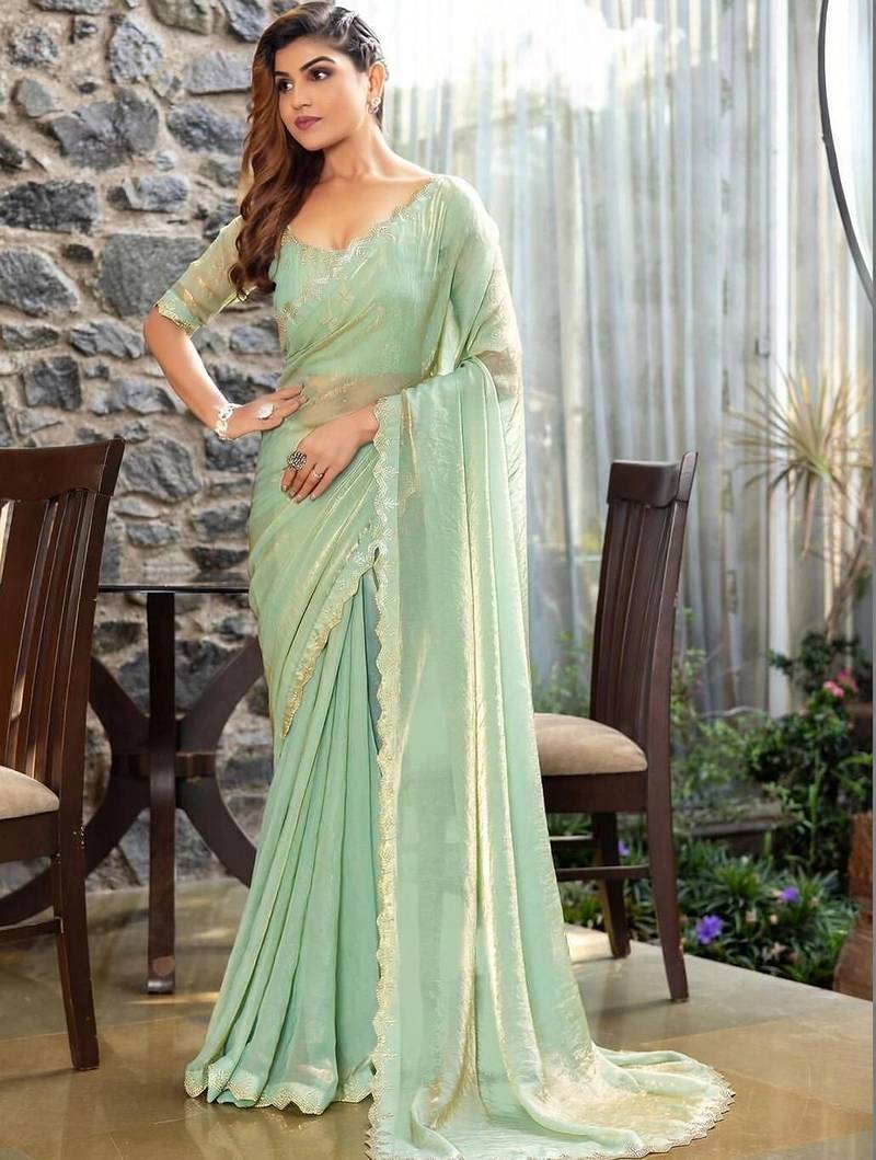 sea_green woven design beads and stones satin saree