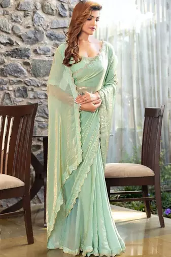 sea_green woven design beads and stones satin saree