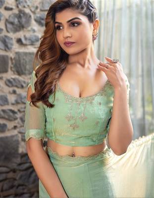 sea_green woven design beads and stones satin saree 5