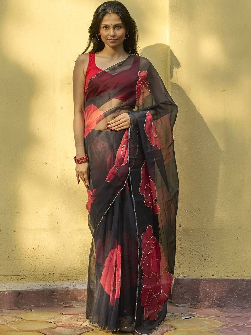 black floral embroidered organza saree